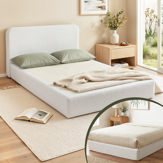 Artiss Compression Bed Frame Queen Size No Assembly Vacuum High Density Sponge Boucle Cream White