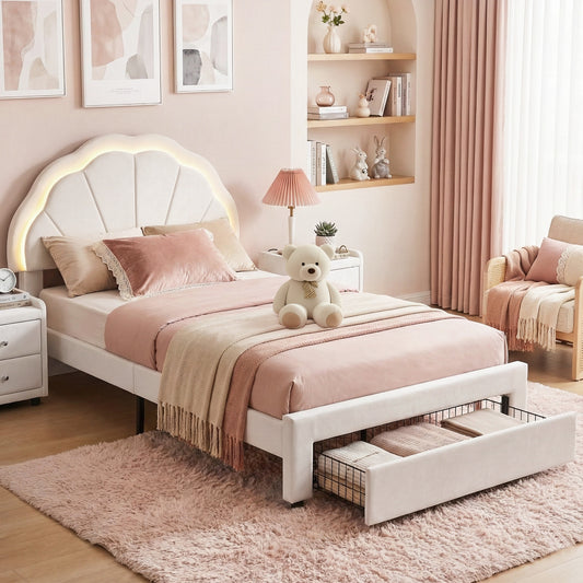 Artiss King Single Bed Frame with Storage Drawer Upholstered Velvet Platform Bed LED Headboard