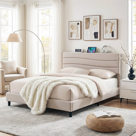 Artiss Queen Bed Frame with Storage Adjustable Headboard Platform Base Linen Fabric Charging Ports