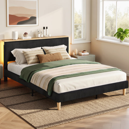 Artiss Double Bed Frame Upholstered Adjustable Headboard Mood Lighting Heavy Duty Black Velvet