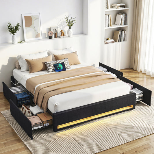 Artiss Double Bed Frame with Storage Drawers RGB Lights Charging Station Upholstered Fabric