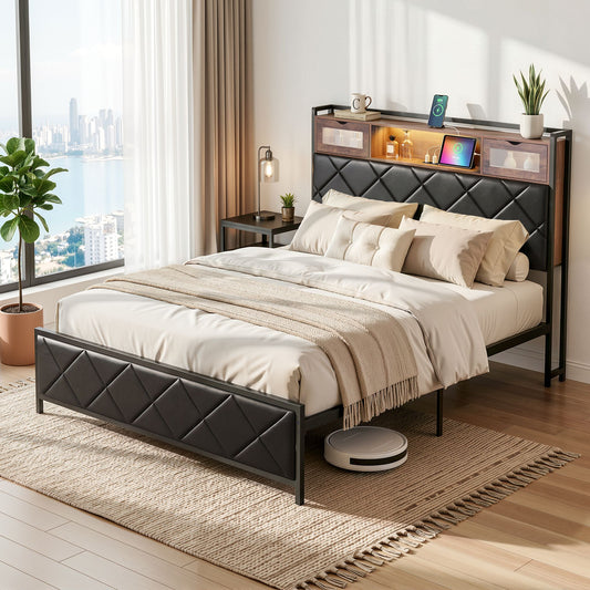 Artiss Double Bed Frame with LED Lights Storage Headboard 2 USB 2 AC Outlets Charging Station