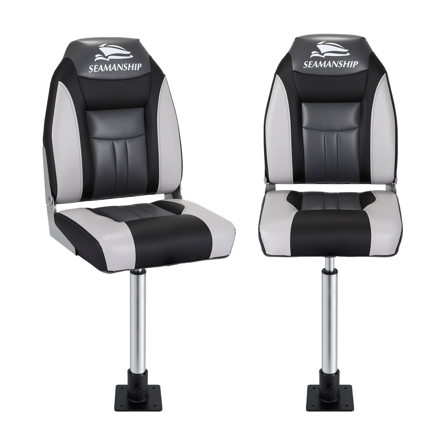 Seamanship 2X Folding Boat Seats with 2X Adjustable Pedestals 55–75cm Marine Seat Swivel High Back 12cm Padding Black