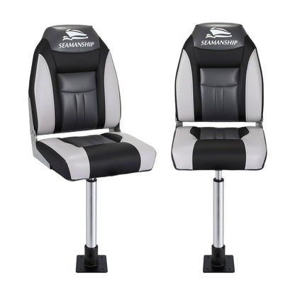 Seamanship 2X Folding Boat Seats with 2X Adjustable Pedestals 55–75cm Marine Seat Swivel High Back 12cm Padding Black