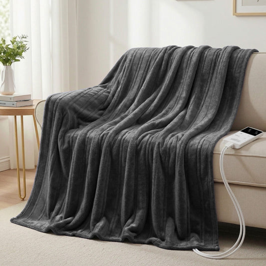 Giselle Electric Throw Rug Double Size 200x180cm Coral Fleece Heated Blanket Grey