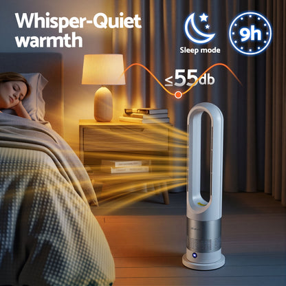 Devanti Bladeless Tower Fan Heater and Cooler 2in1 Portable Oscillation Fan for Bedroom Room Office Use White