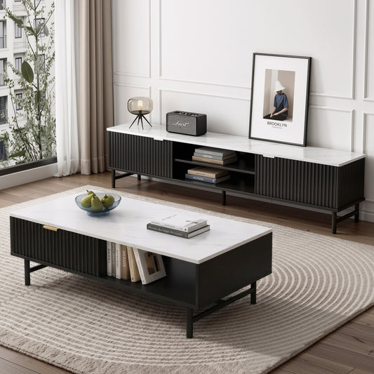 Artiss TV Unit & Coffee Table Set Storage Shelf Black