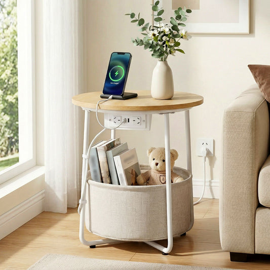 Artiss Round Coffee Table Side End Table Charging Station Storage Basket