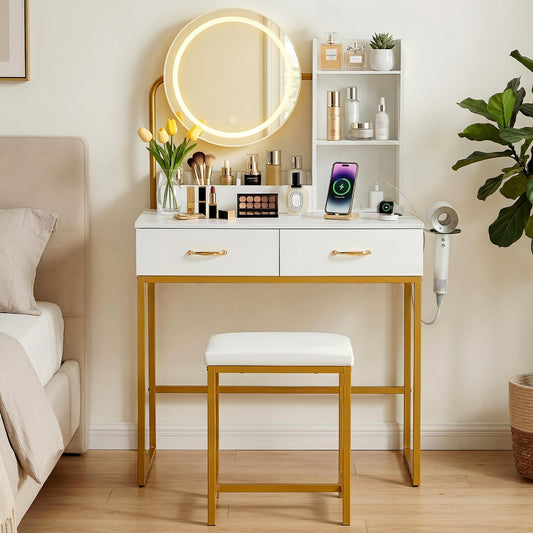 Artiss Dressing Table Vanity Desk Set Stool LED Charging Station White