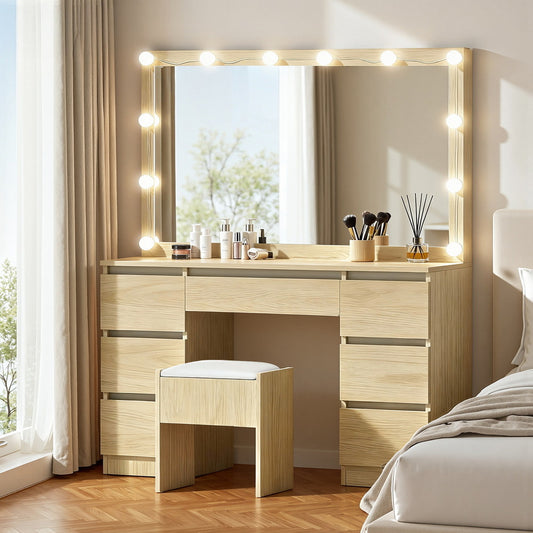 Artiss Dressing Table Vanity Desk Set Stool 12 Led Bulbs Wood