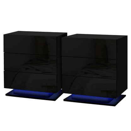 Artiss 2x Bedside Table LED 3 Drawers - MORI Black