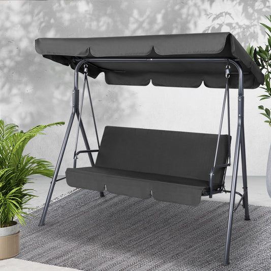 Gardeon Outdoor Swing Chair Garden Chair Bench Furniture Canopy 3 Seater Black