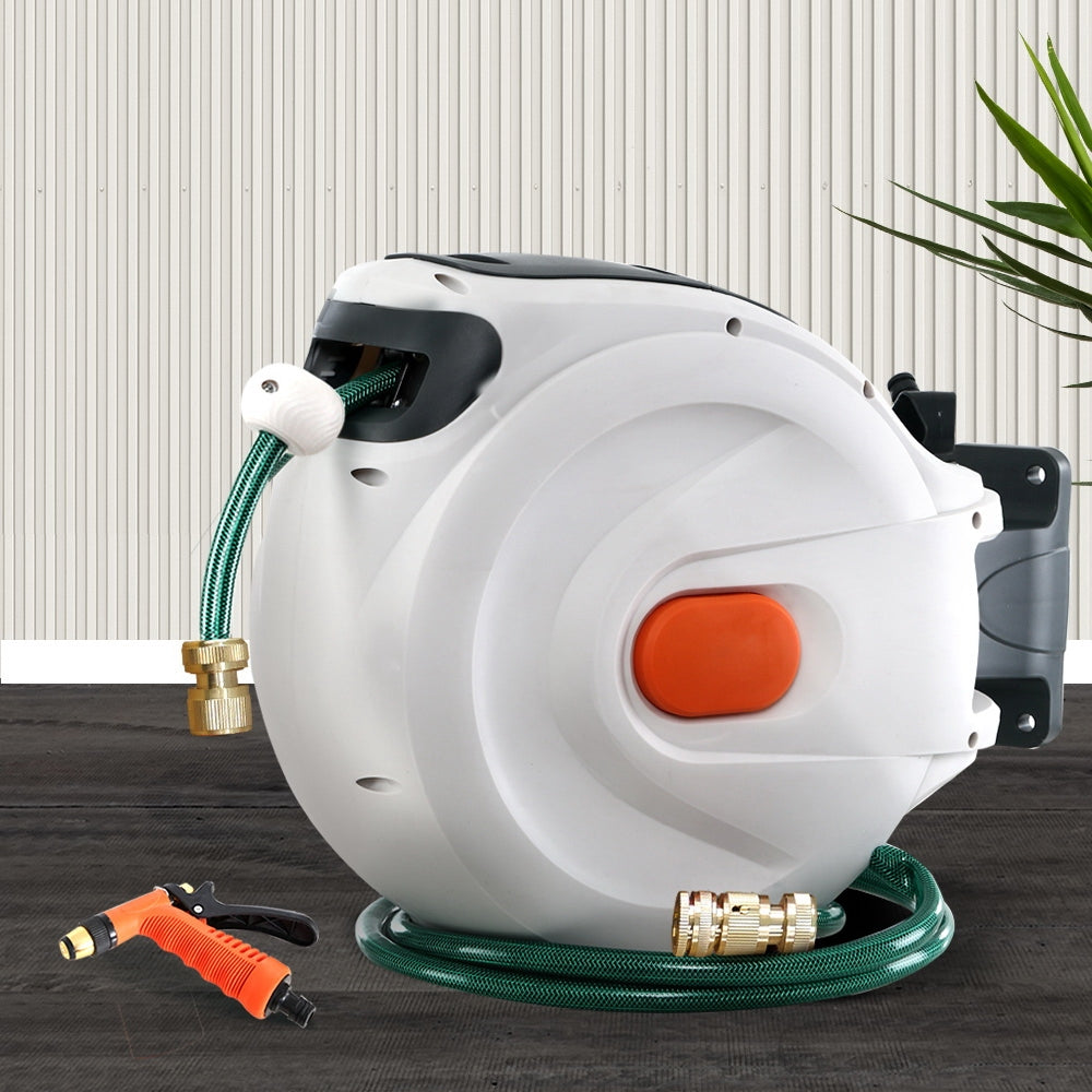 Green Fingers Water Hose Reel 30M Retractable Garden Brass Spray Gun Auto Rewind