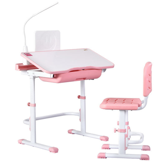 Keezi Kids Table and Chair Set Adjustable Study Desk w/ LED Lamp Reading Pink