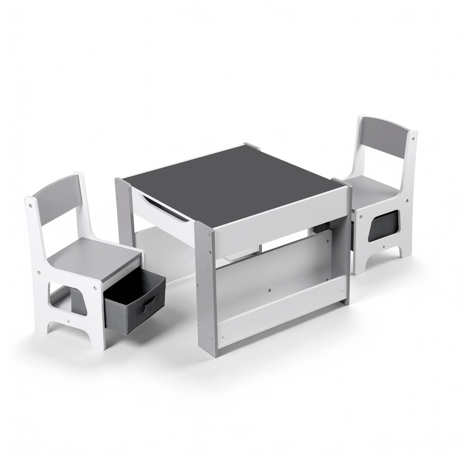 Keezi Kids Table and Chair Set, 4 in 1 Wooden Activity Table with Bookcase, Storage Box and Detachable Blackboard, Toddler Table and 2 Chairs Set, Grey