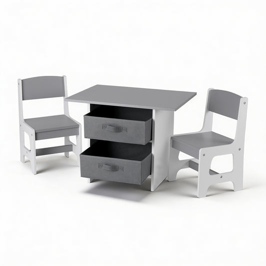 Keezi Kids Table and 2 Chairs Set Wooden Activity Table wit 2 Storage Drawers, Toddler Table and Chair Set for Children Drawing, Reading, Crafts, Eating, Grey
