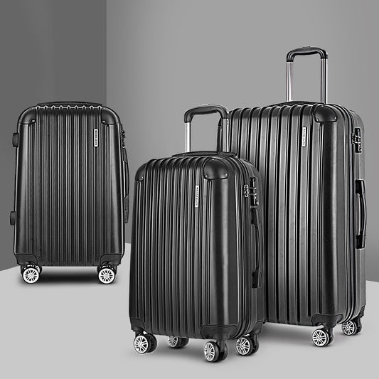 Wanderlite 3 Set Luggage 20-24-28 Inch with Zipper Lock Carry On Hard Shell Travel Suitcase Luggage Case Black