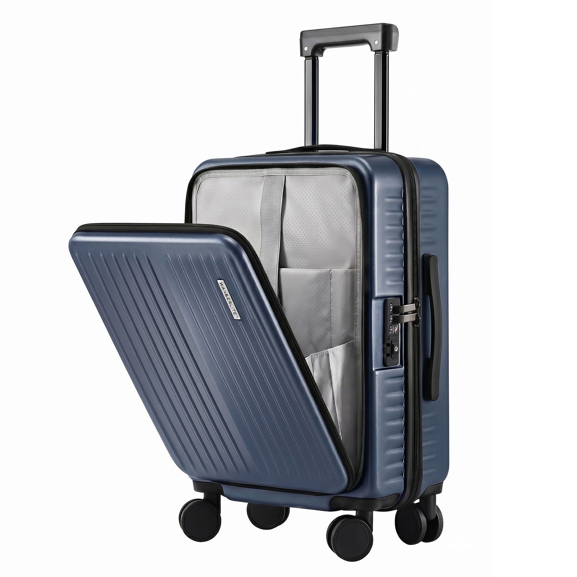 Wanderlite 20' Luggage Suitcase Front Pocket Travel Carry On Dual TSA Navy