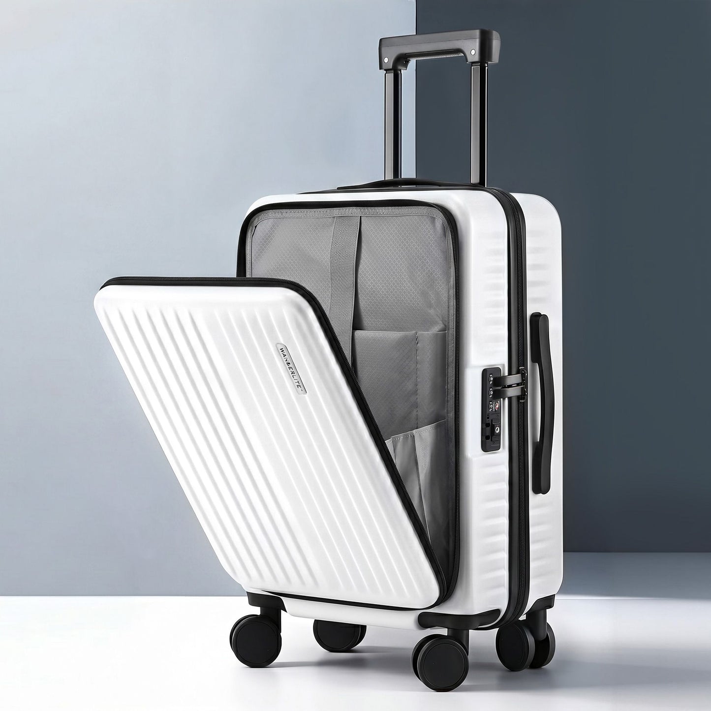 Wanderlite 20' Luggage Suitcase Front Pocket Travel Carry On Dual TSA White