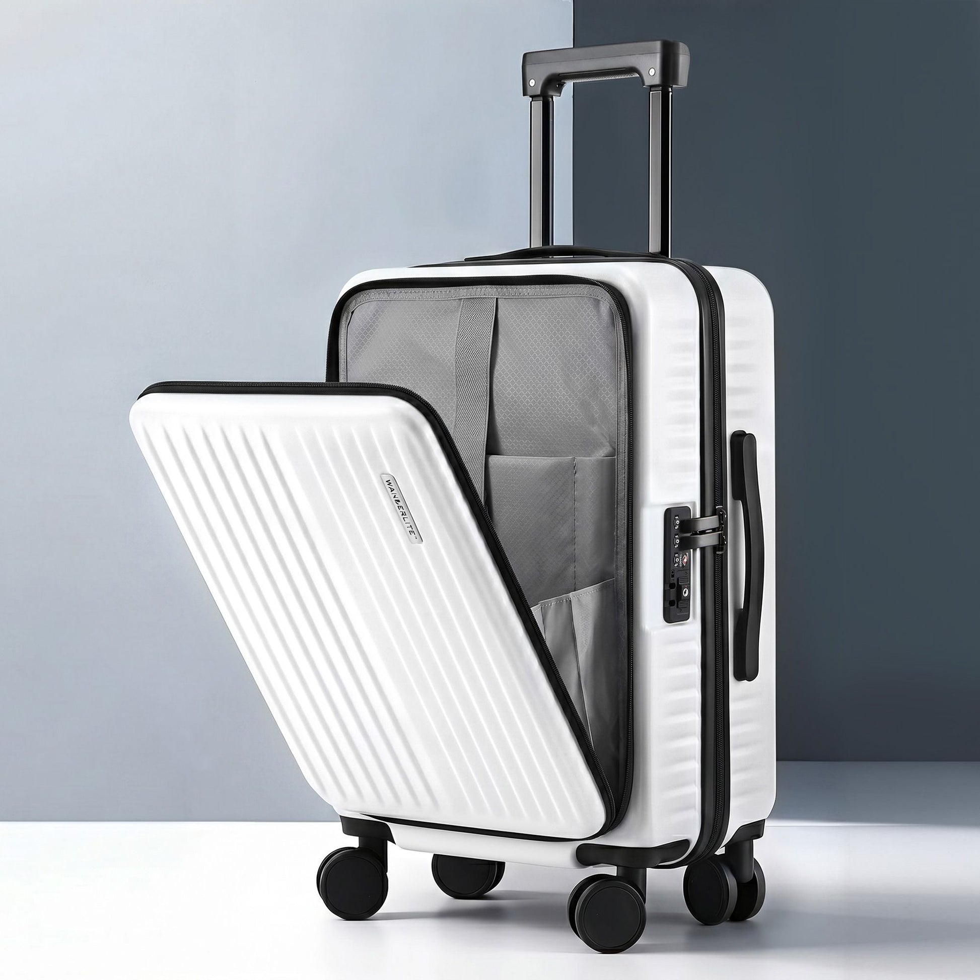 Wanderlite 20' Luggage Suitcase Front Pocket Travel Carry On Dual TSA White