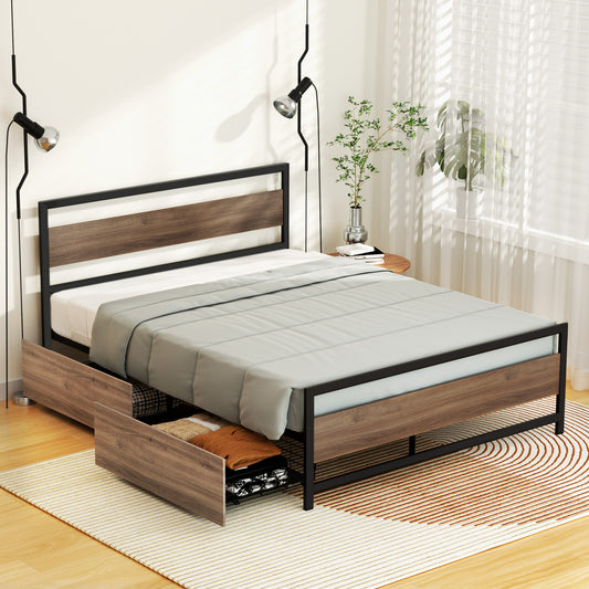 Artiss Bed Frame Queen Size Metal Frame with 2 Drawers DREW