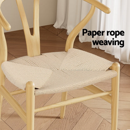 1 Set of 4 Artiss Dining Chairs Wooden Rattan Seat Wishbone Back