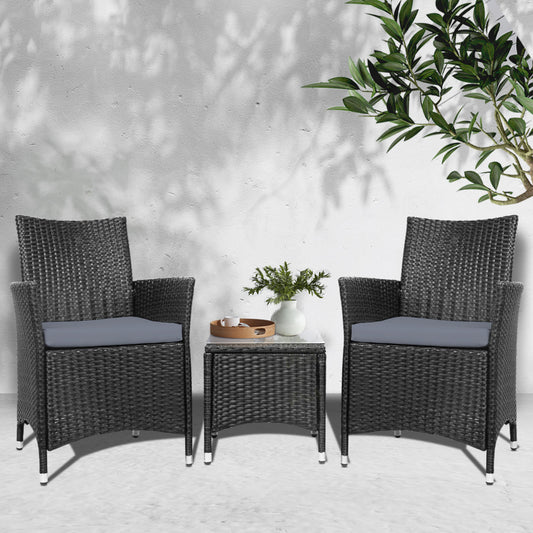 Gardeon 3PC Outdoor Bistro Set Patio Furniture Wicker Setting Chairs Table Cushion Black