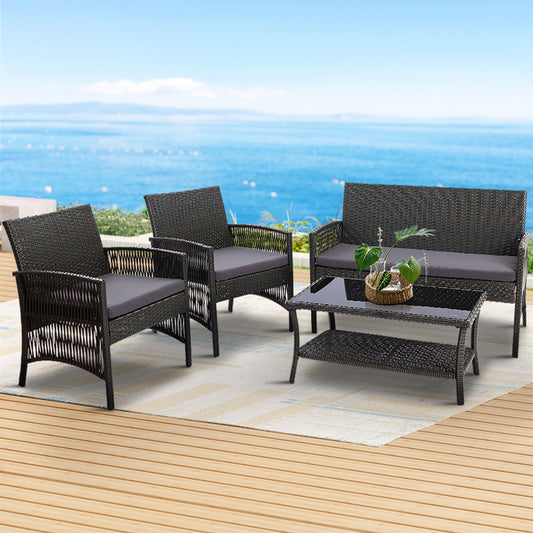 Gardeon 4PCS Outdoor Sofa Set Wicker Harp Chair Table Garden Furniture Grey
