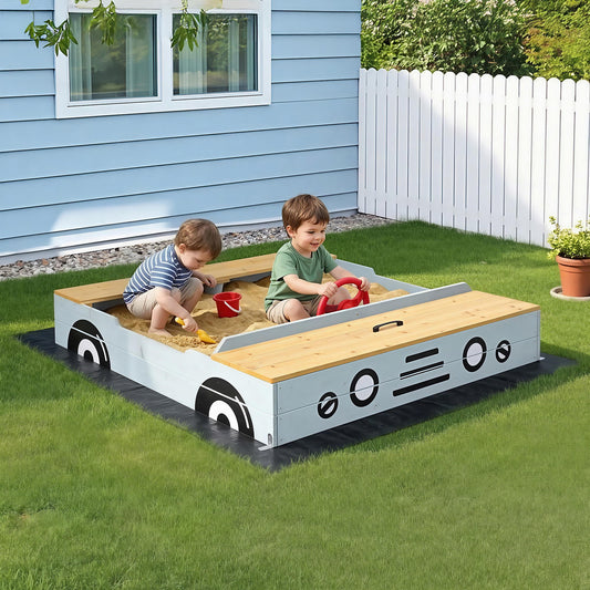 Keezi Wooden Car Sandpit Kids Sandbox Outdoor Play Toy w/ Storage Ground Sheet 120cm