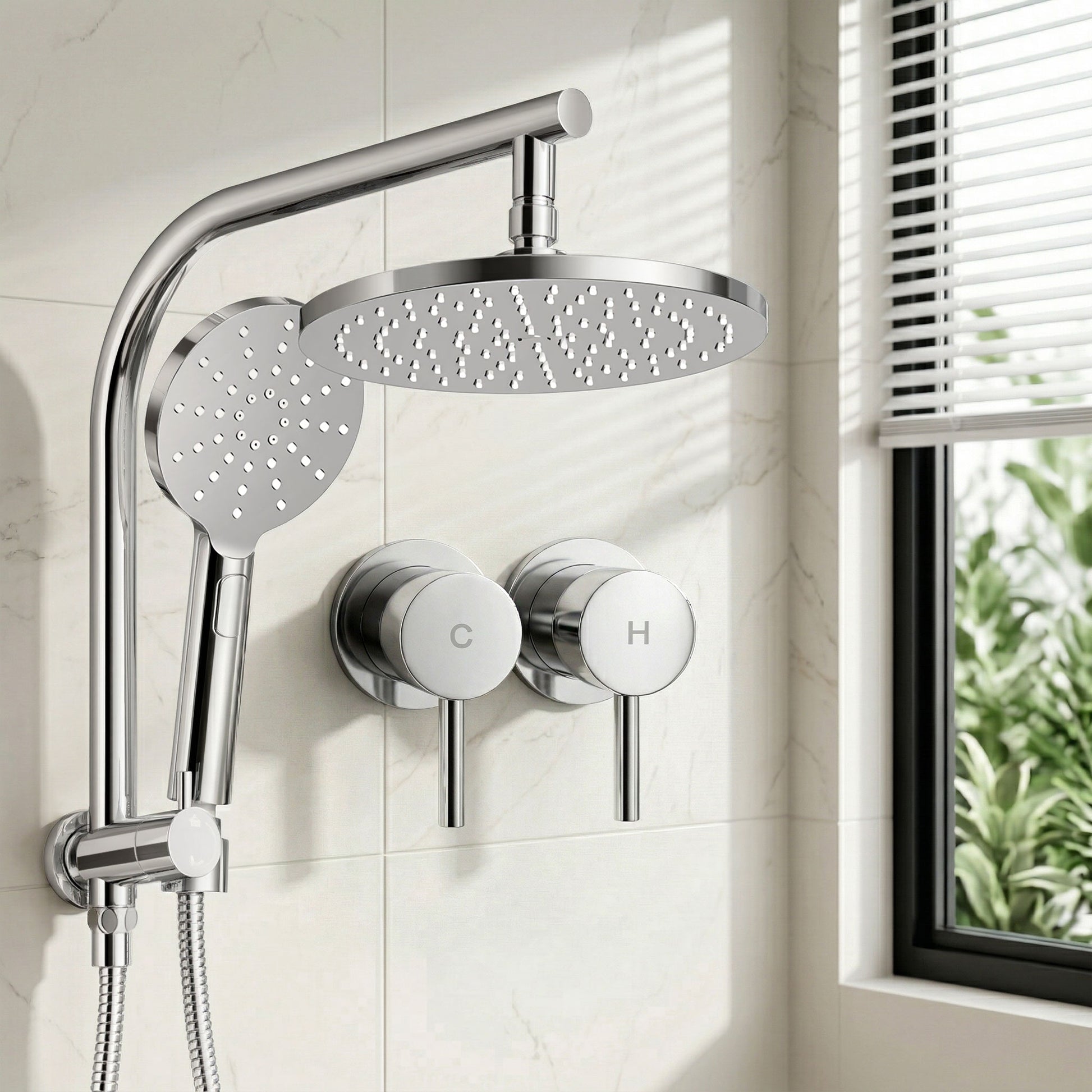 Cefito 9'' Rain Shower Head Set Handheld Round High Pressure Twins Tap Chrome