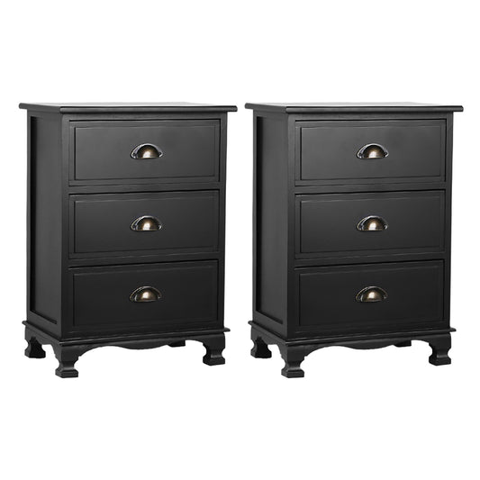 Artiss 2x Bedside Table 3 Drawers Vintage - THYME Black