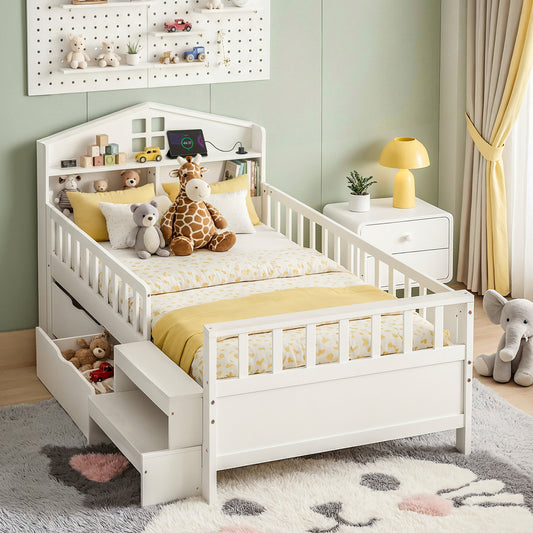 Artiss Single Bed Frame with 2 Storage Drawers, Montessori Bed with Headboard, 2 USB Ports & Led Light, Solid Wood Platform Bed Base with Safety Rail & Ladder, 31CM Under-Bed Storage, White