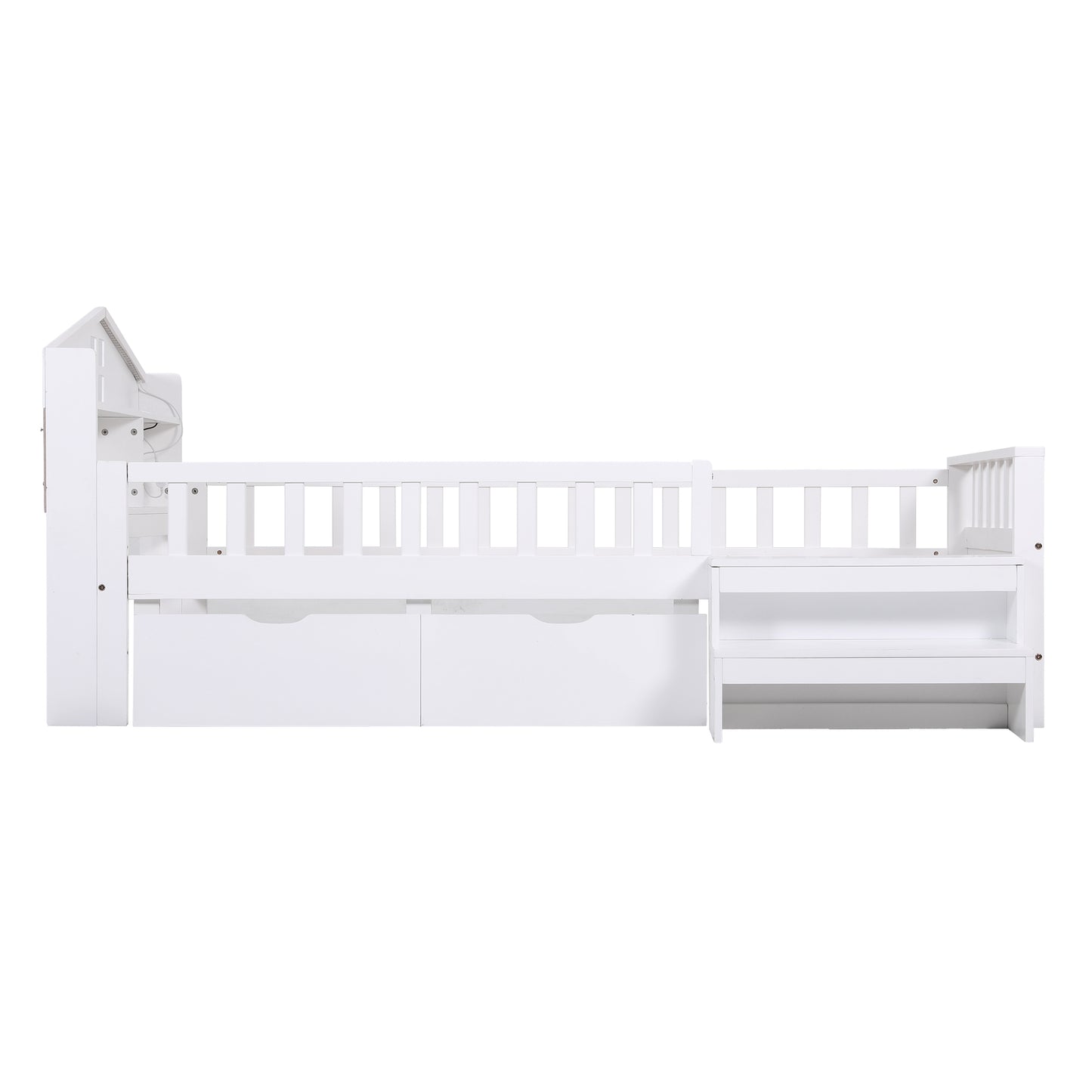 Artiss Single Bed Frame with 2 Storage Drawers, Montessori Bed with Headboard, 2 USB Ports & Led Light, Solid Wood Platform Bed Base with Safety Rail & Ladder, 31CM Under-Bed Storage, White