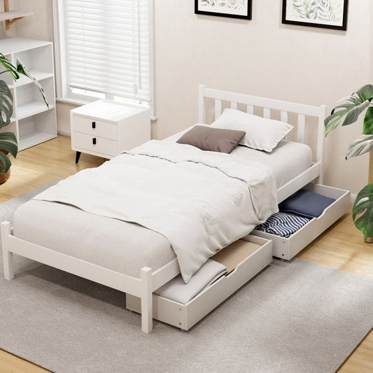 Artiss Bed Frame Single Size Wooden Platform with 2 Storage Drawers White SOFIE