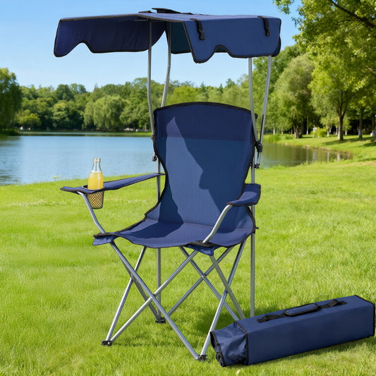 Weisshorn Camping Chair With Canopy Folding Outdoor Portable Seat Lightweight Beach Picnic Fishing Capacity 120KG Navy Blue