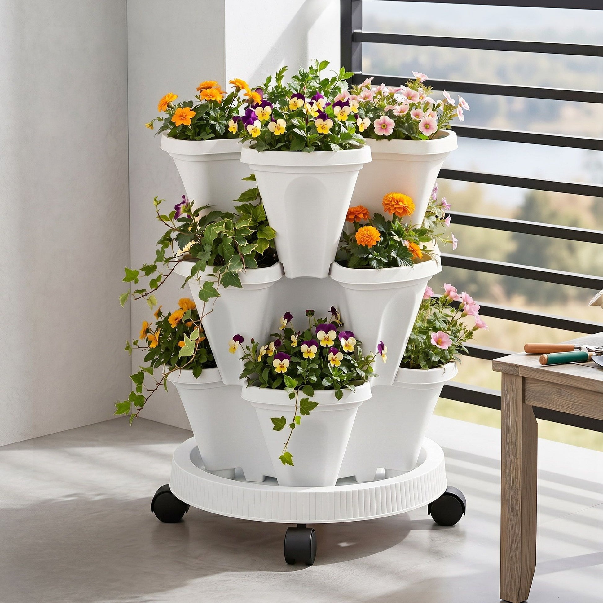 Green Fingers 3 Tier Stackable Vertical Planter Tower Strawberry Pot Wheels White