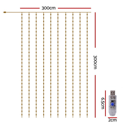 Jingle Jollys 3X3M Christmas Lights Curtain String Light 300 LED Warm White